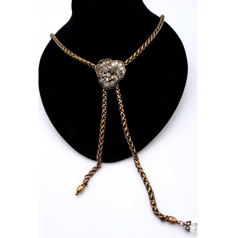 Sweet‎ Romance USA Pansy Flower Bolo Necklace Crystal Antique Bronze Tone 19in